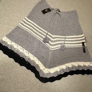 Vertigo Knit Poncho with Pom Pom Tie Gray w White Stripes & Black Border Size S